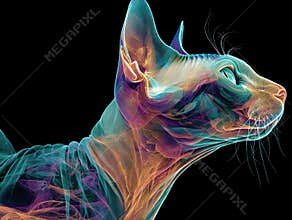 A digital artwork depicting a stylized Sphynx Cat in mid-stride, rendered against a dark backdrop with elongated body and head
