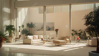 Modern bright living room interior with plants