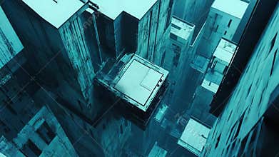 Dark futuristic city with flying isolated structure