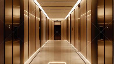 Modern luxury hotel corridor with many elevator doors