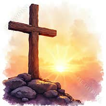 Wooden cross on rocks at sunrise. Watercolor art shows sunbeams through clouds. Hope symbol, new day begins. Religious