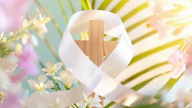 Animated Ribbon Flying And Wrapping Around Wooden Cross In Soft Spring Light
