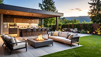 Luxury Outdoor Kitchen & Lounge Design: Evening Ambiance