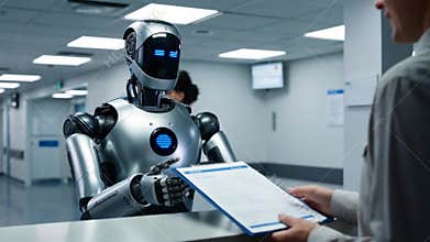 Advanced AI Robot Assistant Interacting with Medical Staff in Modern Hospital Reception Area with Blue LED Eyes