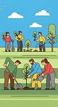 People Planting Trees and Caring for Nature - Environmental Conservation Illustration