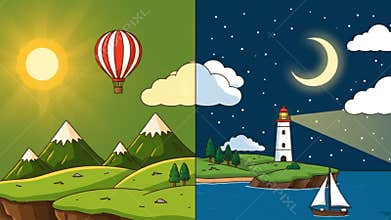 Day and Night Landscapes: Cartoon Daytime and Nighttime Scenes