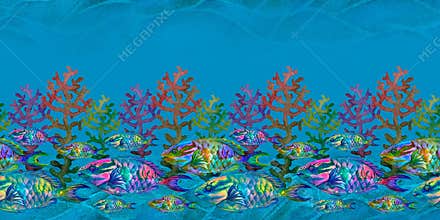 Seamless border of neon tropical parrot fish among multicolored corals on blue background. Underwater watercolor template for sea