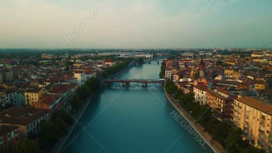 Verona Italy Aerial View Of Adige River And Ponte Della Vittoria