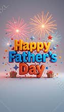 Festive Fathers Day Graphic with Fireworks, Gifts, and Colorful Text
