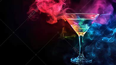 martini glass with colorful alcohol and smoke on black background, burning cocktail with neon glow 4k
