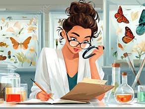Young scientist researching butterflies in a lab with notepad and magnifying glass