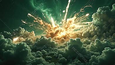 A deep green background sets the stage for explode cosmic dust space to scatter luminous dust clouds, Generative AI
