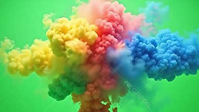 In a minimal setting with only a green background, ethereal pressure builds before plumes explode rainbow Generative AI