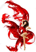 Woman Dancing Red Dress, Fashion Model Dance Flying Waving Fabric