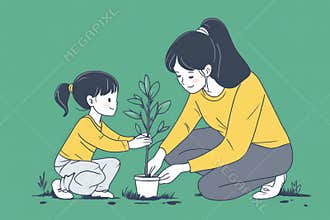 A modern illustration depicts a smiling young mother and her little daughter planting a seedling in the ground, engaged