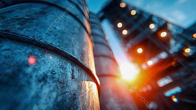 Close-up of a weathered grain silo with industrial structures in the background at sunset