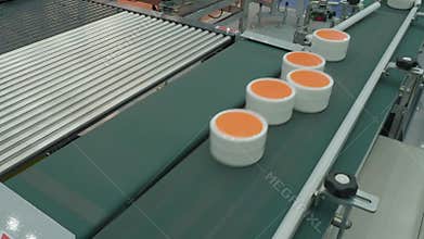 Cosmetic cream jars move along automated conveyor belt in modern factory