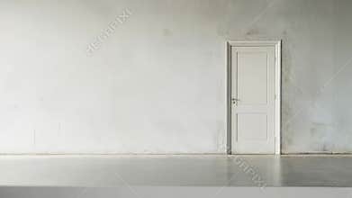 White minimalist door progressively diminishing against pristine wall, generating geometric visual perspective with optical