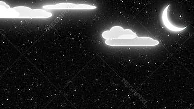Looped animation of moon shining through clouds with starry night background for calming and serene scenes. Starry night sky with