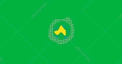 Emblem floating on transparent background with halftone dots, yellow star, blue droplets in tech