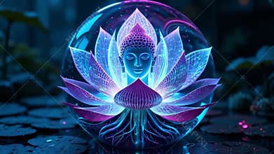 Neon Lotus Buddha Sphere - 4K Meditative Glow for Spiritual Visuals & Futuristic Wall Art