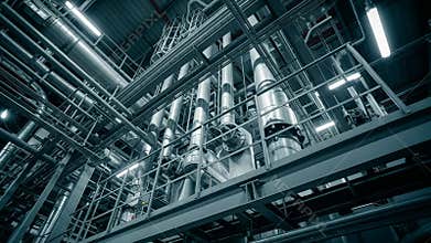 Complex industrial piping and machinery transporting raw materials for synthetic fabrics with glowing indicator lights