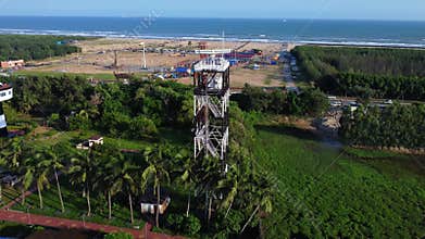 Radar tower installed near seashore. Radar plays crucial role in maritime navigation.