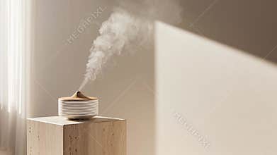 Ceramic white diffuser releasing aromatic mist, spreading calming essence across sleek, contemporary living space with soft