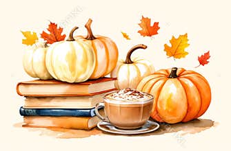 Different pumpkins on vintage books with cappuccino and autumn falling leaves