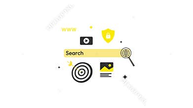 Digital Illustration Featuring Search Bar, Security Shield, Target, and Internet Icons Representing Online Search,