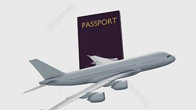 A passenger airplane model is rotating around a passport