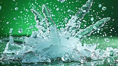 In a scene with a rich green background, explode frozen ice shards scatter violently, their sharp edges Generative AI