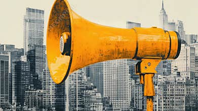 A yellow megaphone against a city skyline, great for illustrating loud voices or public announcements