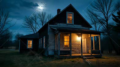Old farmhouse wooden house exterior night with moonlight window glow porch and warm interior light creating moody cinematic