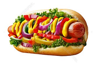 Completo hot dog topped with avocado, tomato, jalapenos, mustard and mayo on wooden plate, isolated on white background