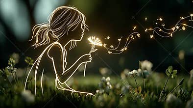Neon Girl and Magic Dandelions at Sunset