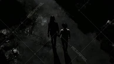 Two people walk together in a dark shadowy landscape holding hands creating a sense of mystery and companionship in monochrome