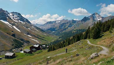 Scenic mountain landscape with a hiking trail and small village nestled in a valley under a bright blue sky on a sunny day