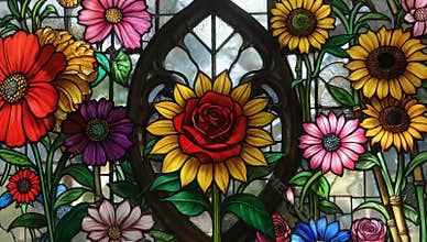 Vibrant stained glass window featuring a central rose surrounded by sunflowers and colorful daisies in an ornate gothic frame