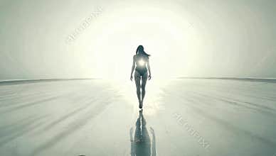 Woman in swimsuit walks toward the light on a wet beach creating a reflection in a monochrome artistic and ethereal scene