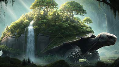 A colossal tortoise silently carries a lush floating island of trees and waterfalls