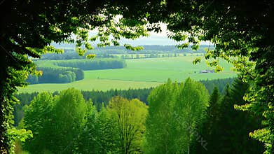 A Lush Green Valley Framed by Tree Canopy and Expansive Farmland