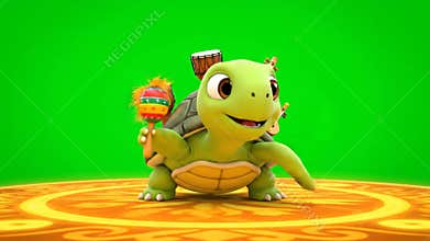 Animated Turtle Mascot Character with Musical Instruments on Green Screen Background 3D Rendered Animation of Adorable Cartoon