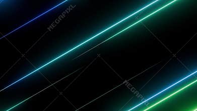 Seamless loop futuristic background with moving green and blue neon diagonal light streaks