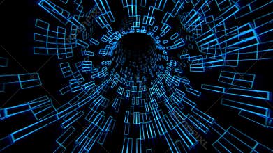 Looped animation of blue glowing tunnel made of geometric rectangular patterns on a black background