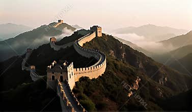Ethereal Aerial View of the Great Wall of China at Dawn