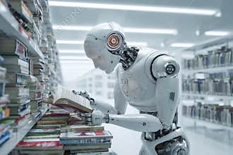 A robot with a sleek design is focused on reading a book in a futuristic library. Shelves are filled with a wide variety of books