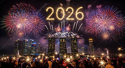 Spectacular New Year 2026 fireworks celebration over a vibrant city skyline at night festive event