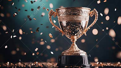 Golden Trophy With Confetti Floating Around It Symbolizes Victory