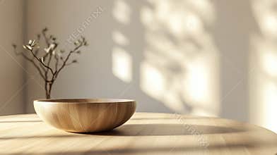 Wood Bowl Sits on a Table in the Light of Morning